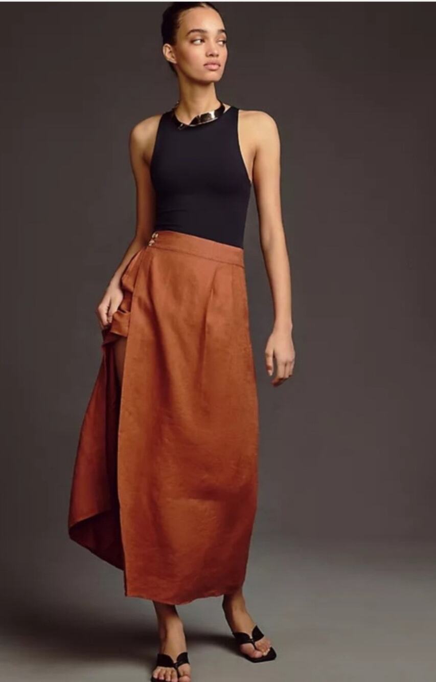 Anthropologie Rust Linen Double Button Wrap pleated Midi Maxi Skirt US 14 #Boho